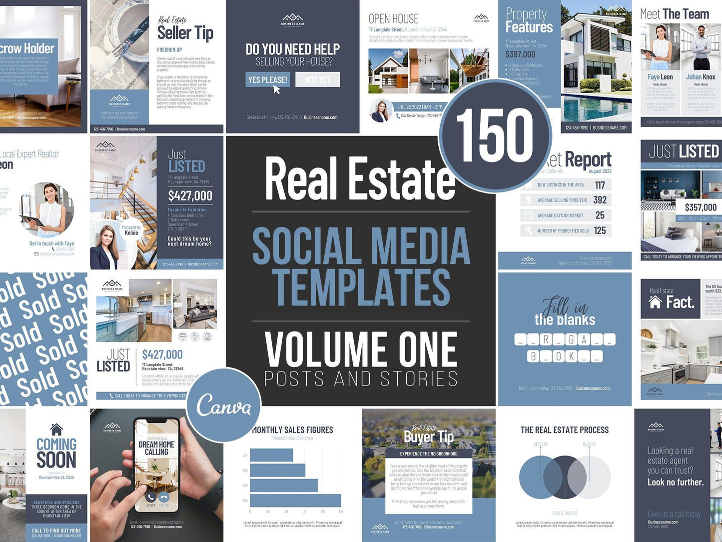 150 Real Estate Templates For Social Media (blue)