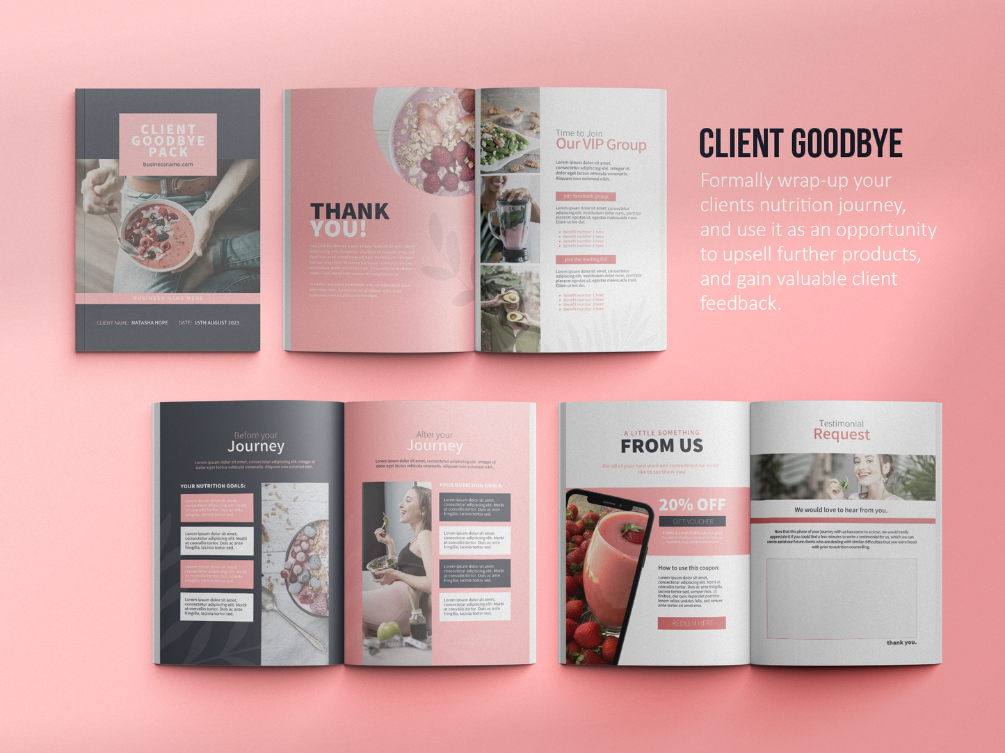 Nutrition Client Welcome Pack and Client Goodbye Pack Templates | Dietitian Onboarding and Offboarding | Nutritionist ebook | Canva Template