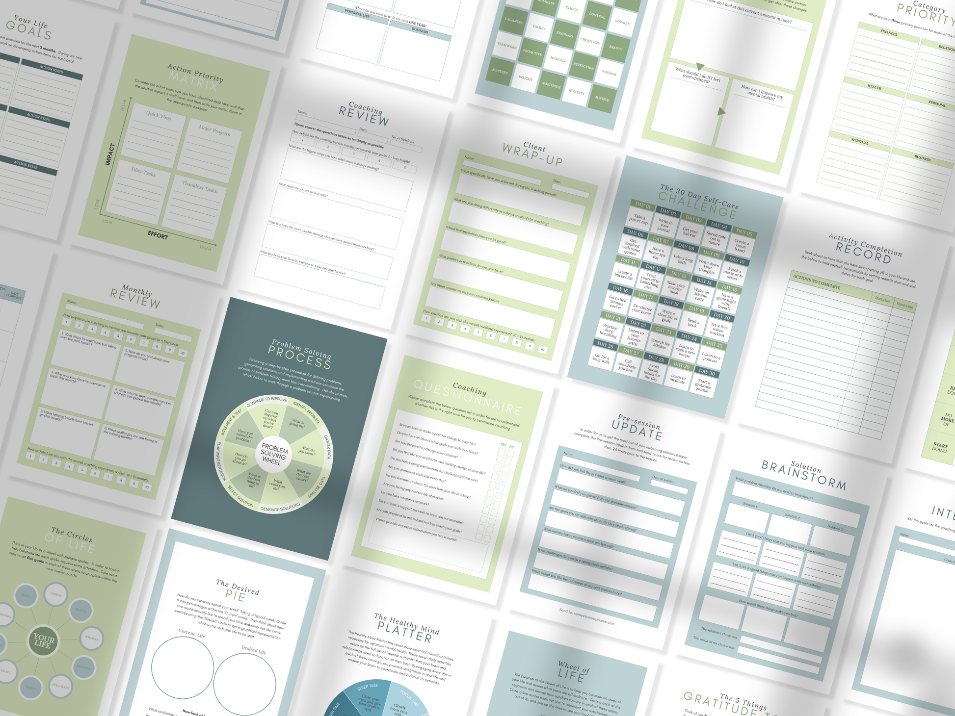 100 Life Coaching Worksheet Templates (green)