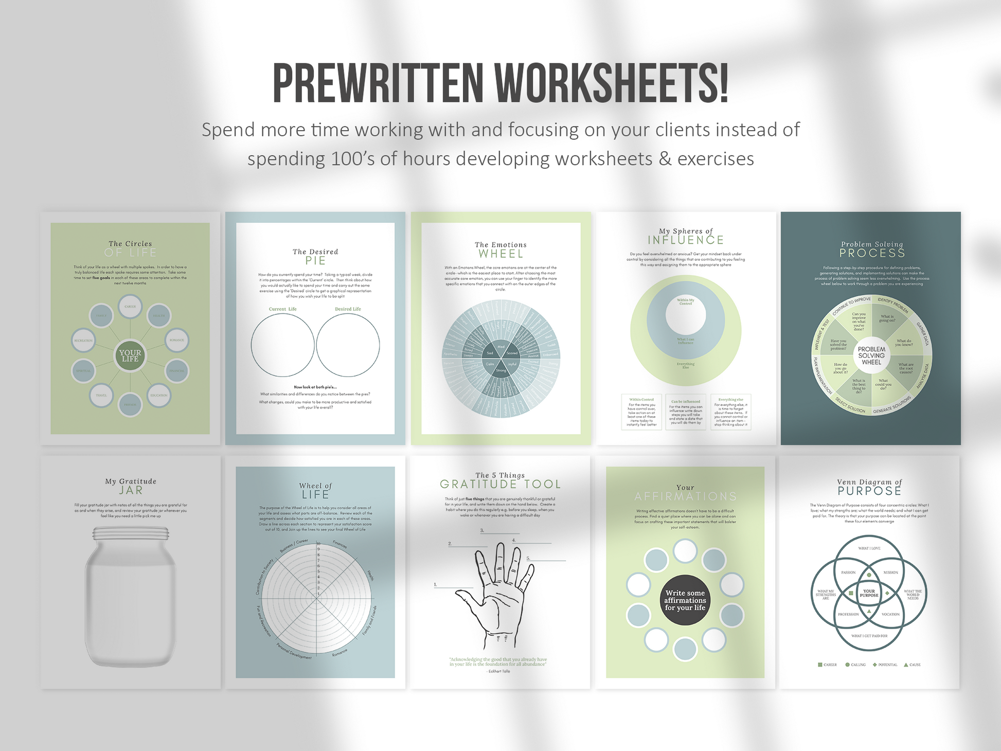 100 Life Coaching Worksheet Templates (green)