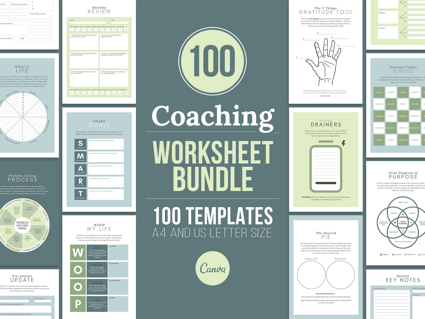 100 Life Coaching Worksheet Templates (green)