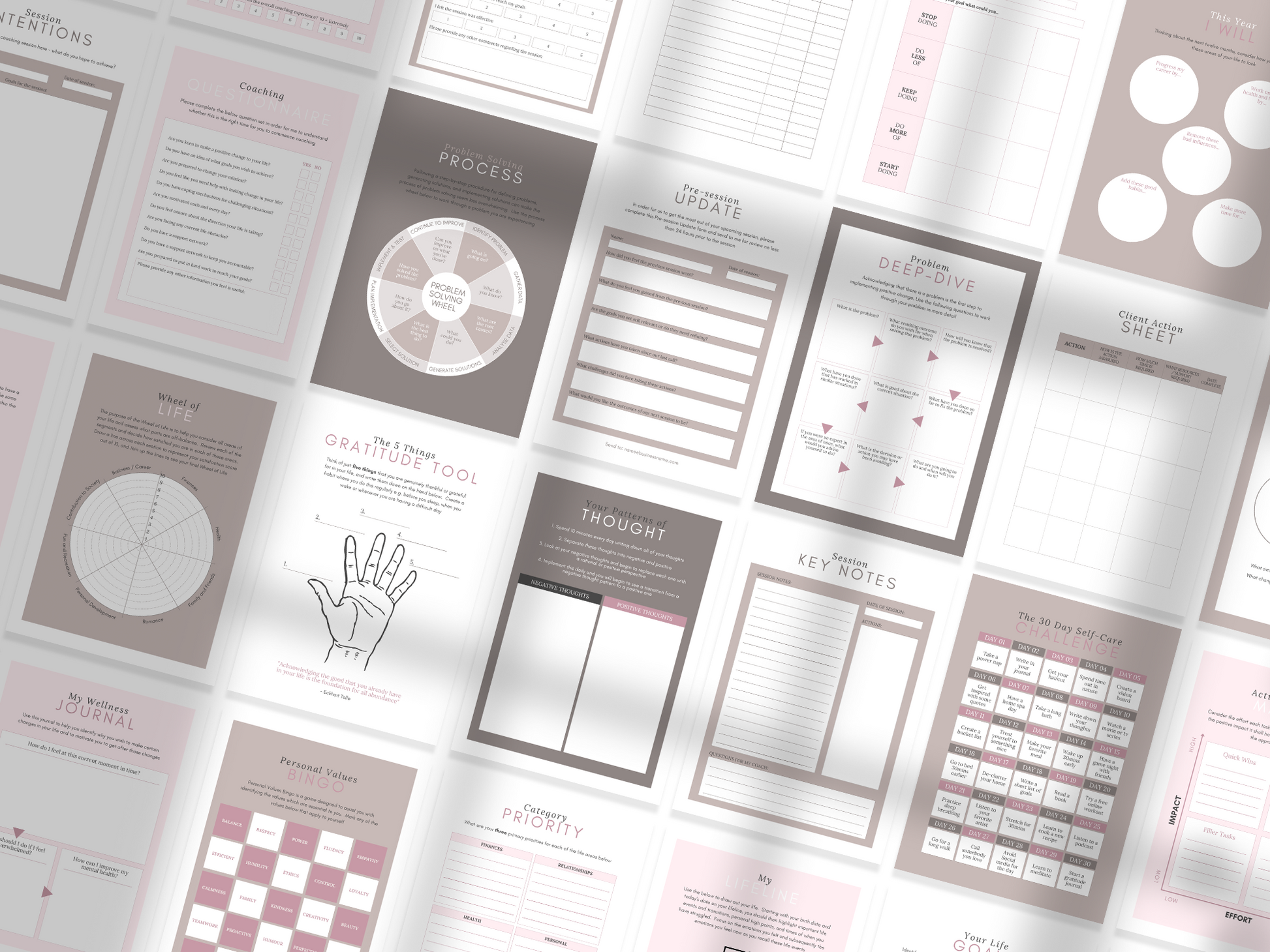 100 Life Coaching Worksheet Templates (mauve)