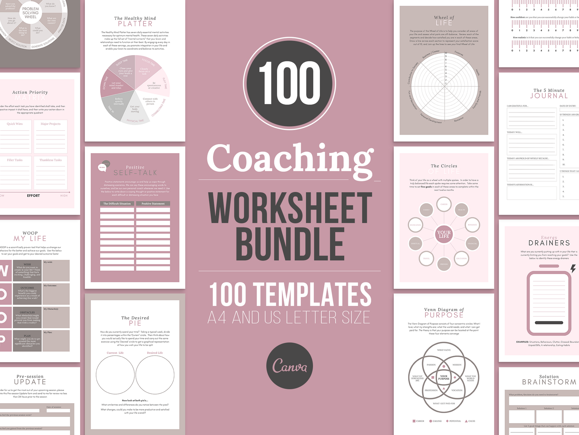 100 Life Coaching Worksheet Templates (mauve)