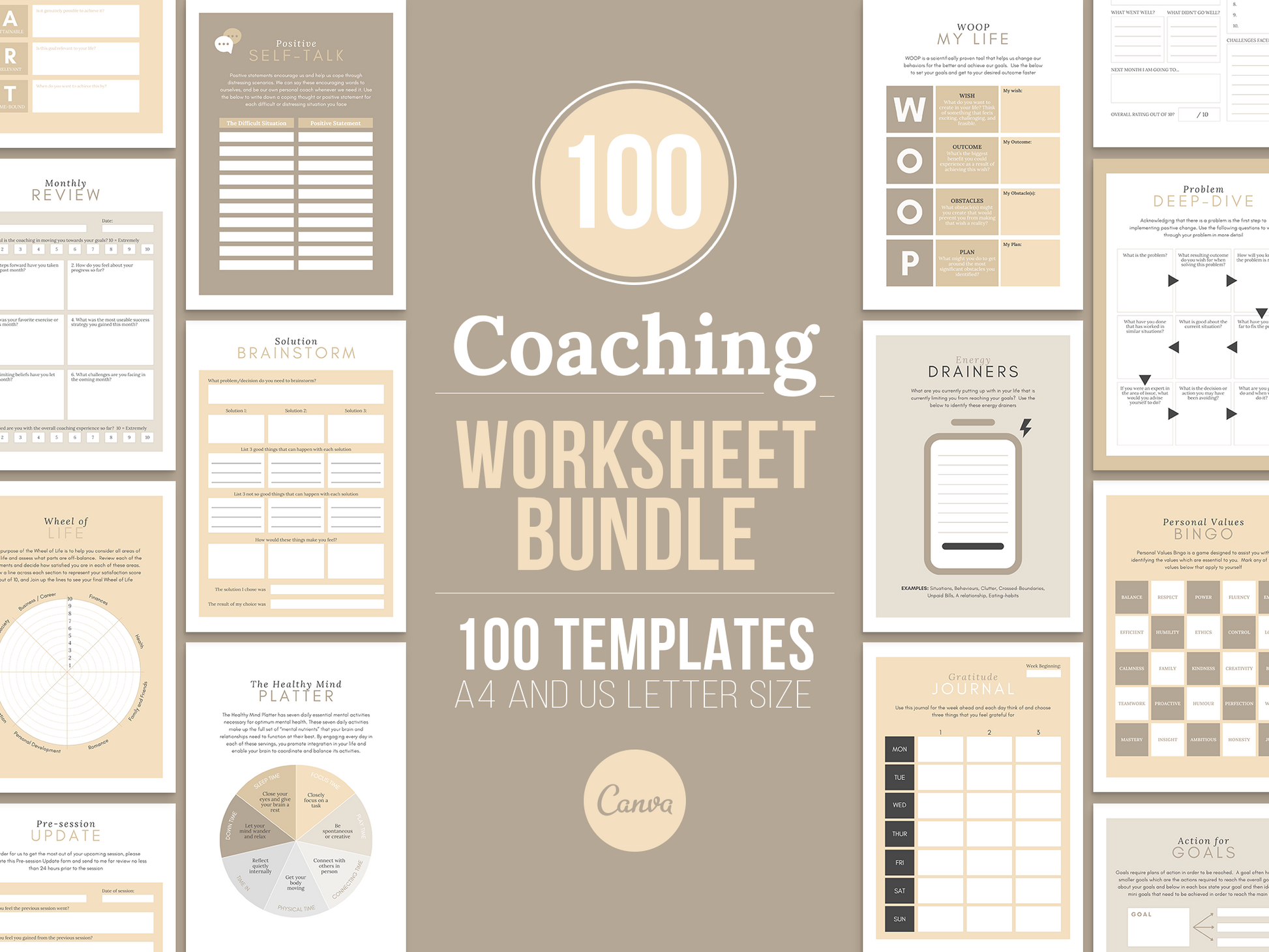 100 Life Coaching Worksheet Templates (sand)