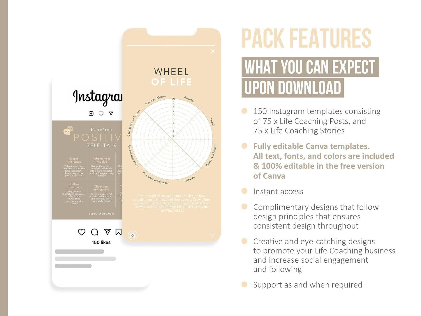 150 Life Coach Instagram Templates For Social Media (sand)