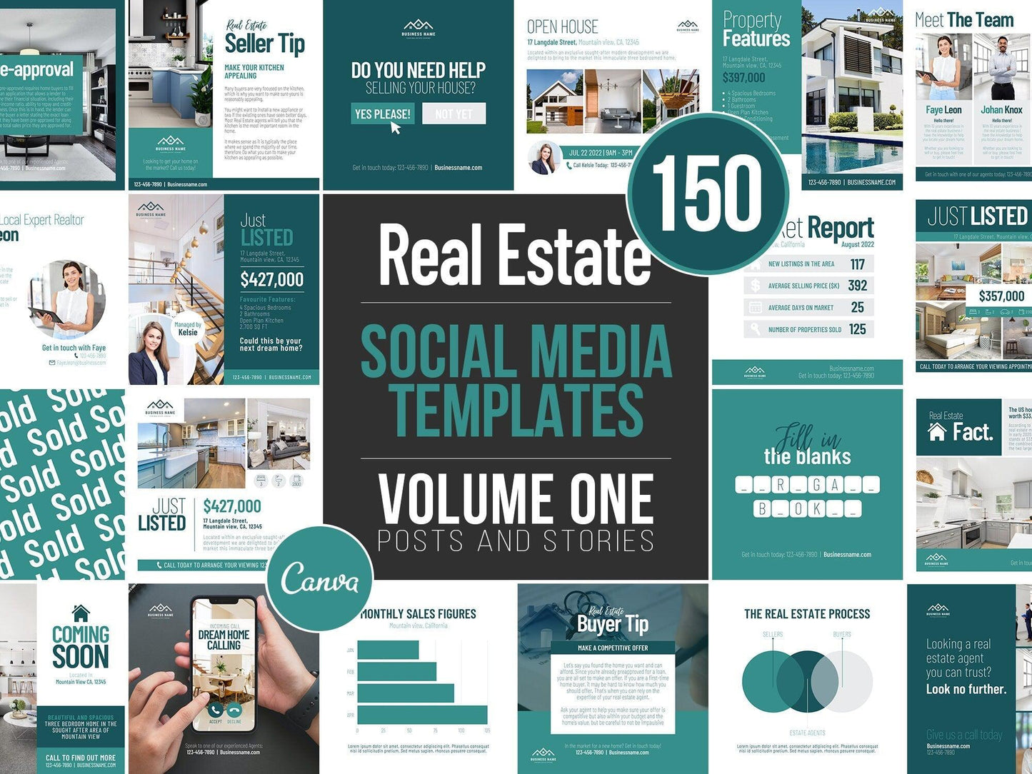 150 Real Estate Templates For Social Media (teal)