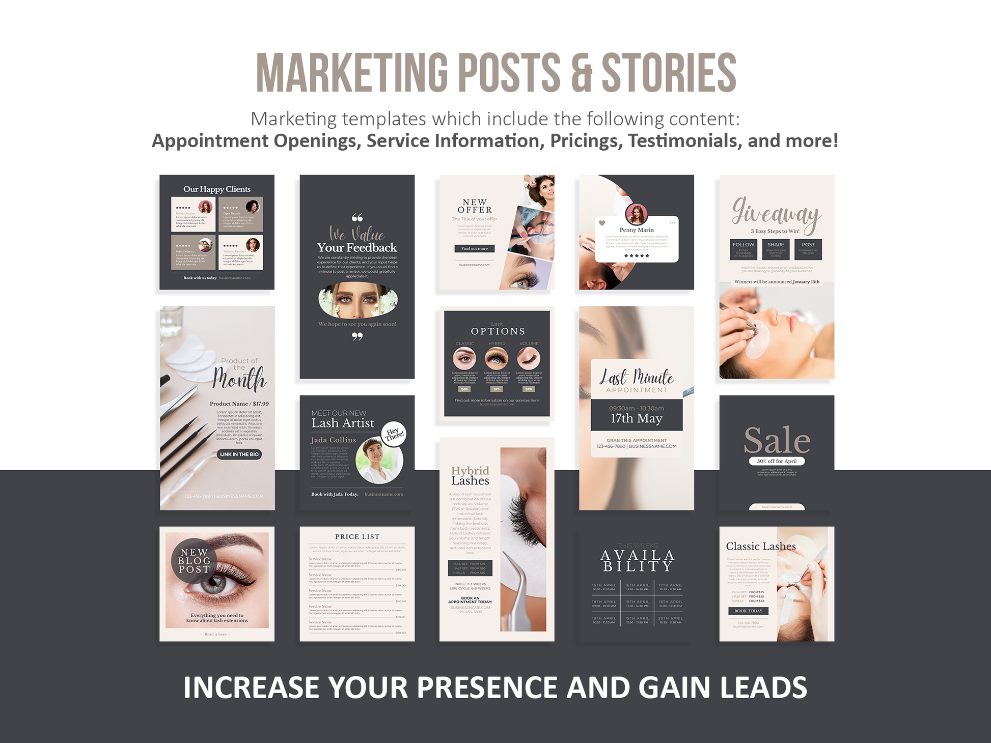 275 Lash Tech Instagram Templates for Social Media (neutral)