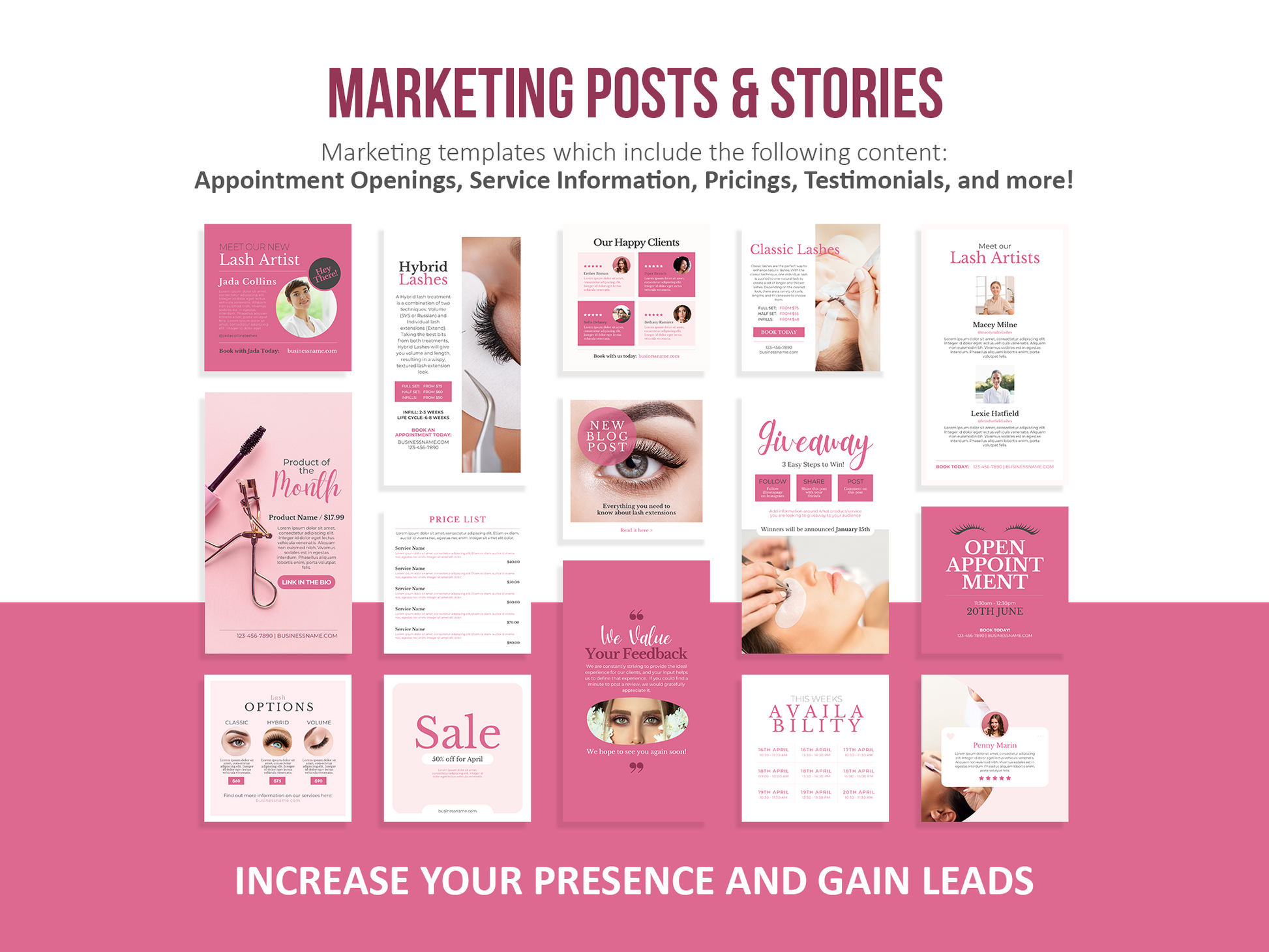 275 Lash Tech Instagram Templates for Social Media (pink)