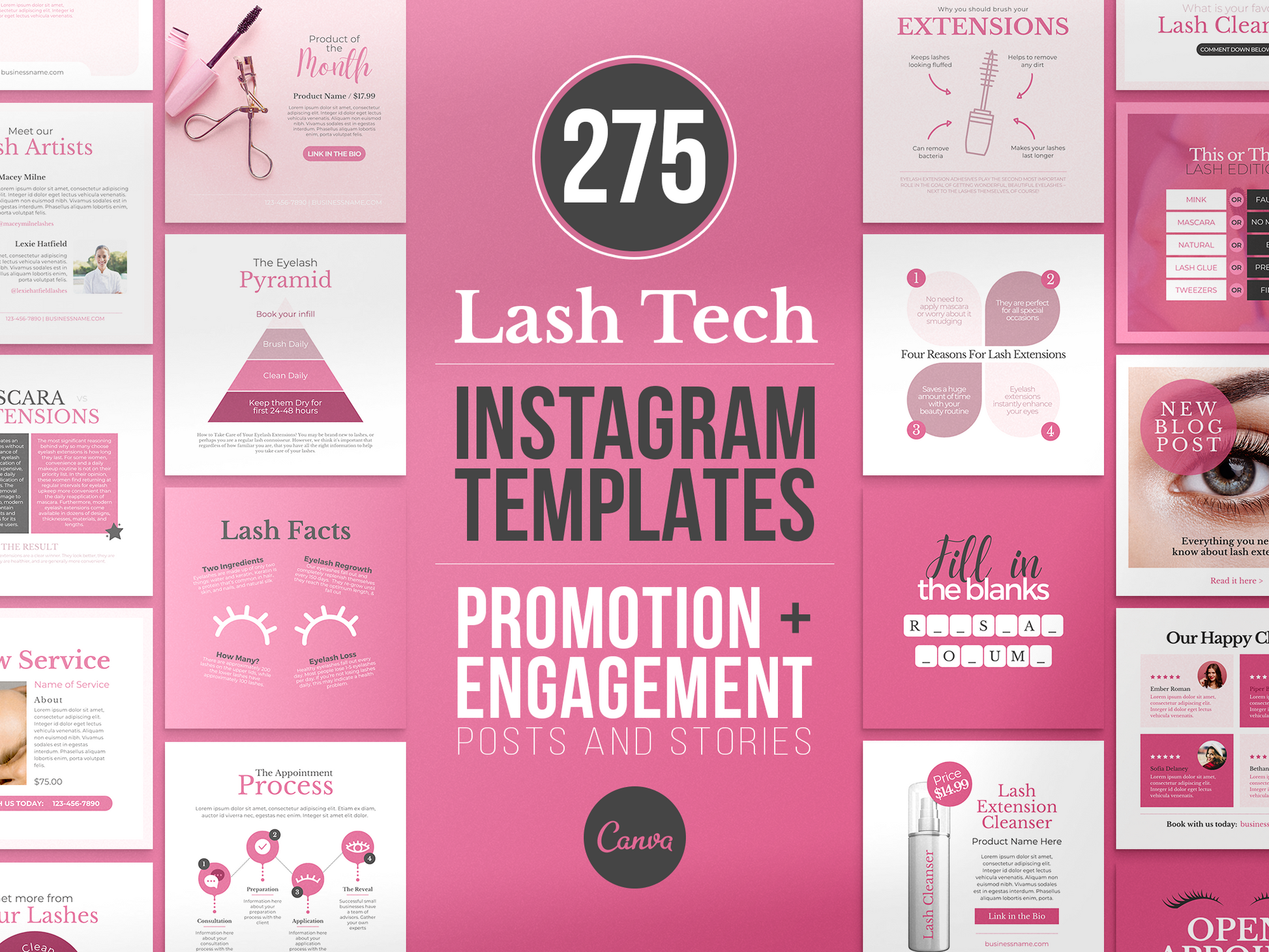 275 Lash Tech Instagram Templates for Social Media (pink)