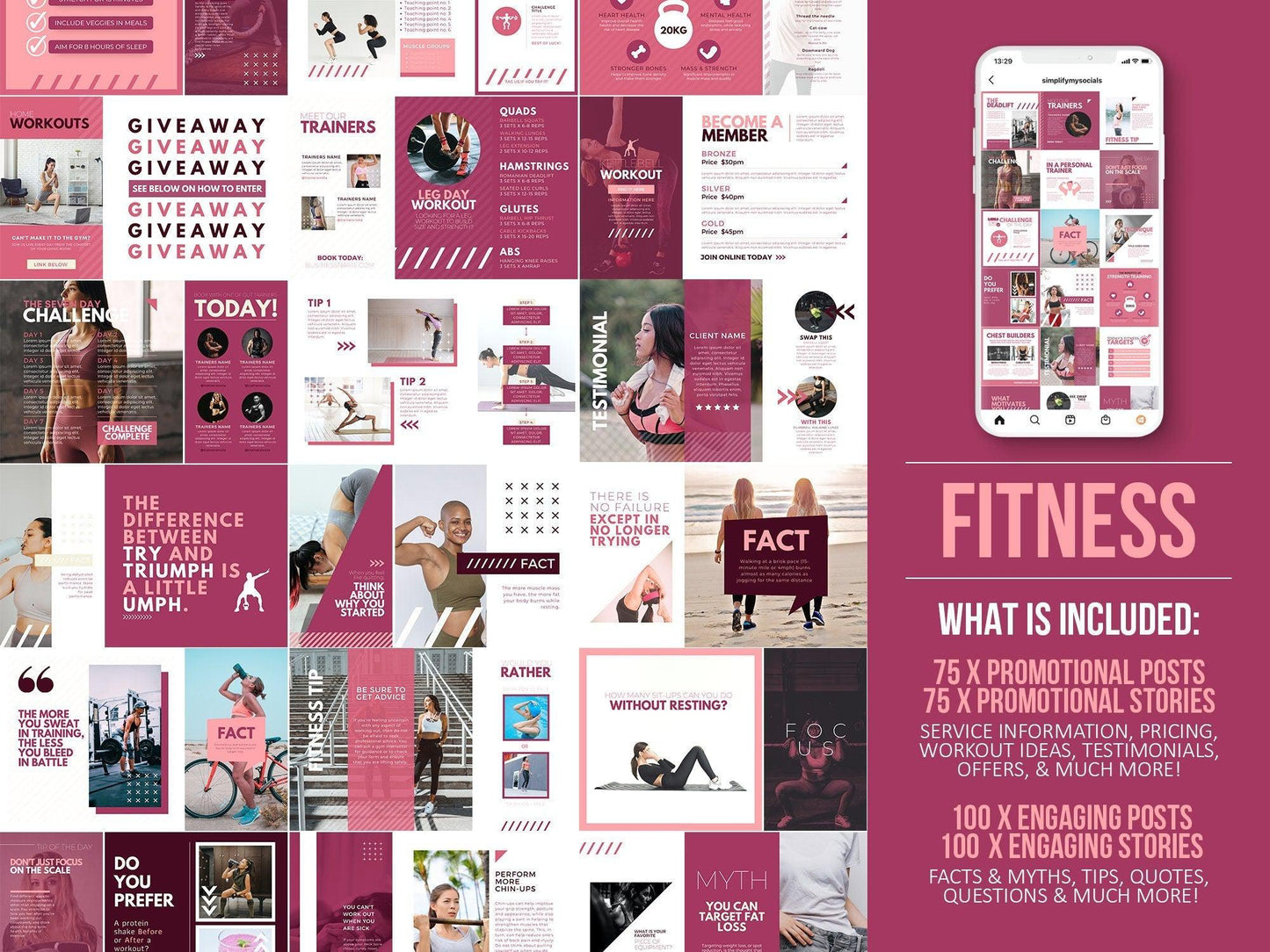 700 Fitness & Nutrition Templates For Social Media (berry)