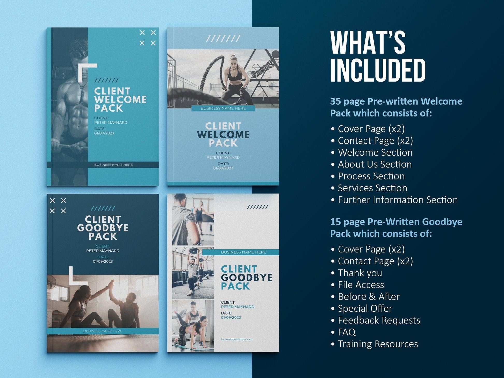 Fitness Client Welcome Pack and Client Goodbye Pack (sky)