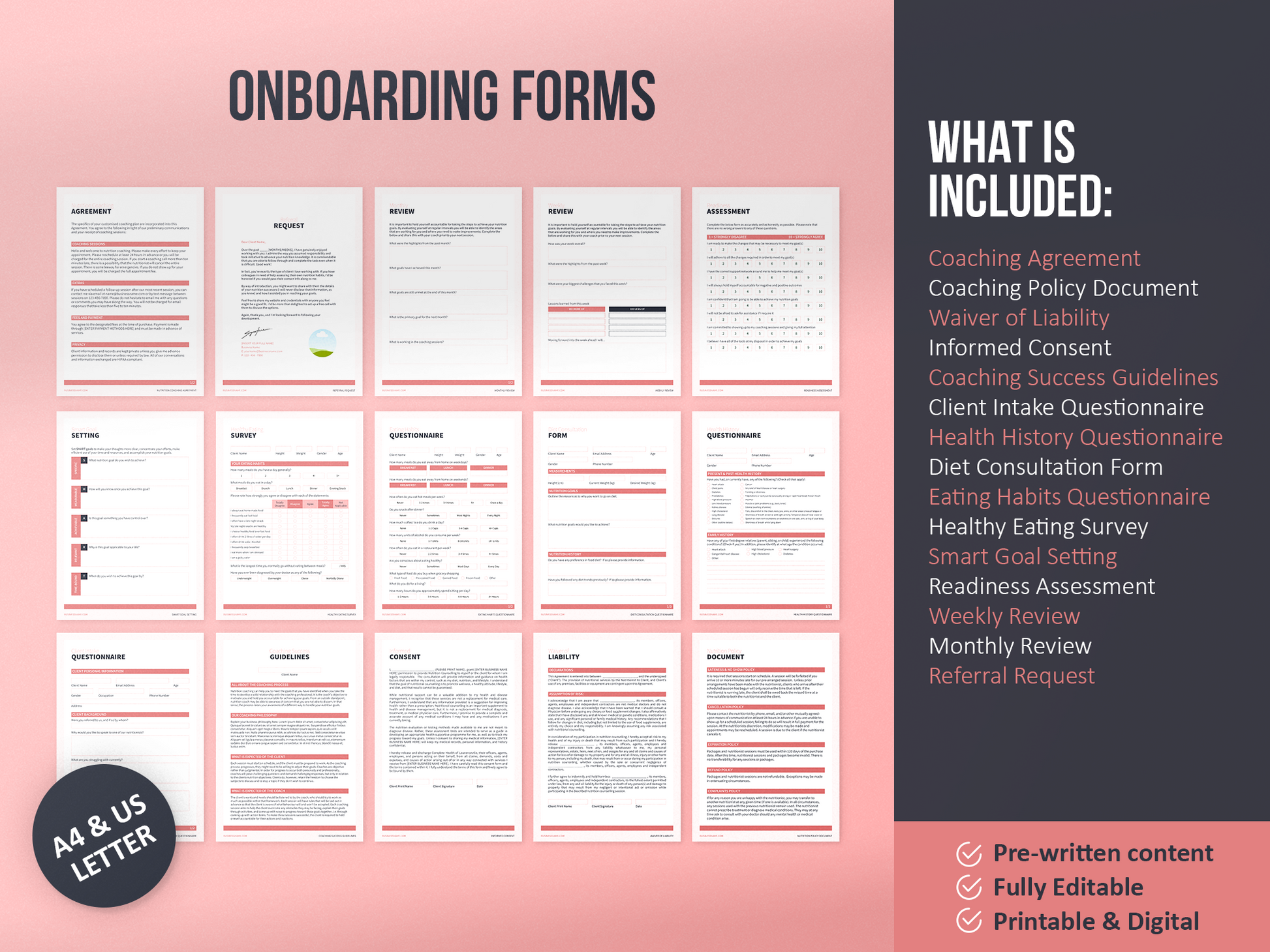 Nutrition Coach Client Intake Forms and Nutrition Trackers (Blush)