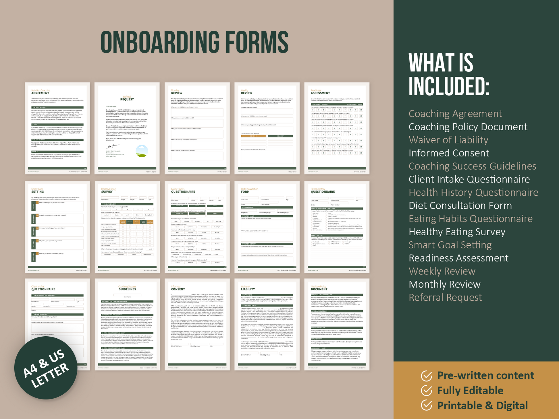 Nutrition Coach Client Intake Forms and Nutrition Trackers (Nature)