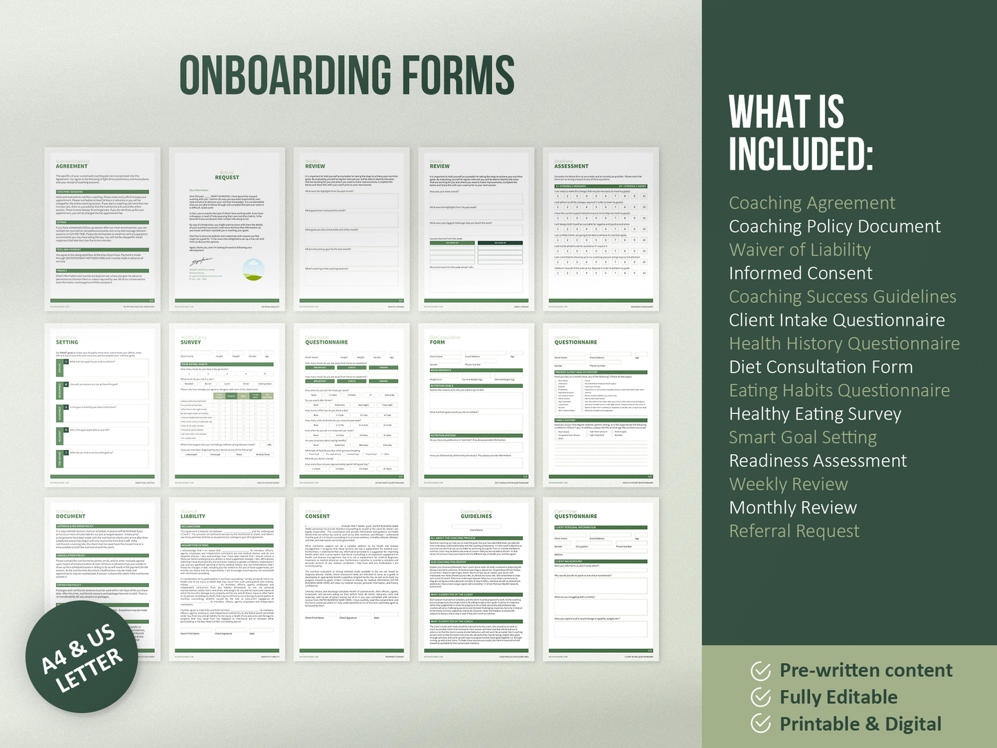 Nutrition Coach Client Intake Forms and Nutrition Trackers (Olive)