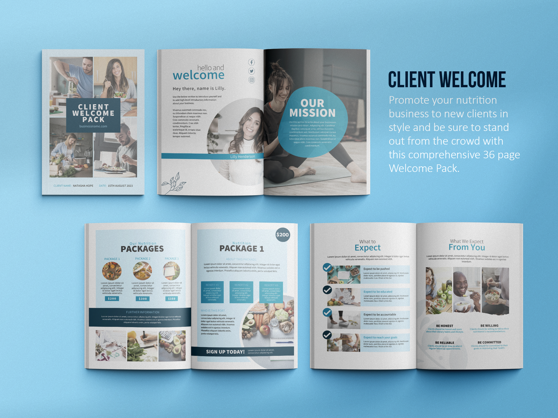 Nutrition Client Welcome Pack and Client Goodbye Pack Templates (Sky)