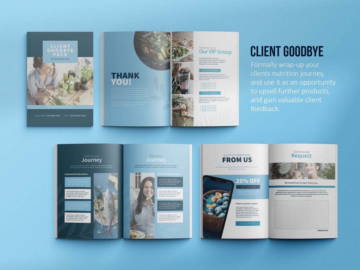 Nutrition Client Welcome Pack and Client Goodbye Pack Templates | Dietitian Onboarding and Offboarding | Nutritionist ebook | Canva Template