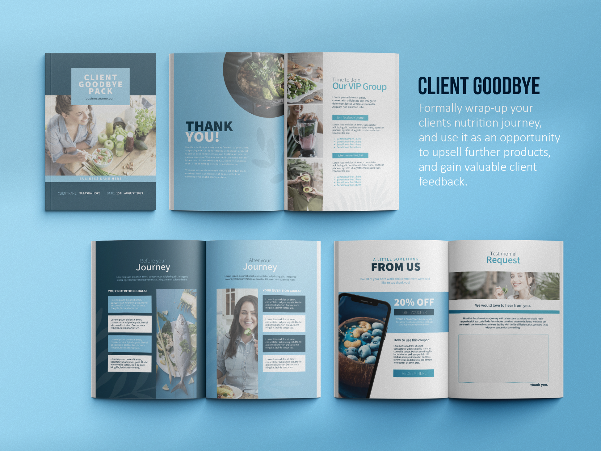 Nutrition Client Welcome Pack and Client Goodbye Pack Templates (Sky)