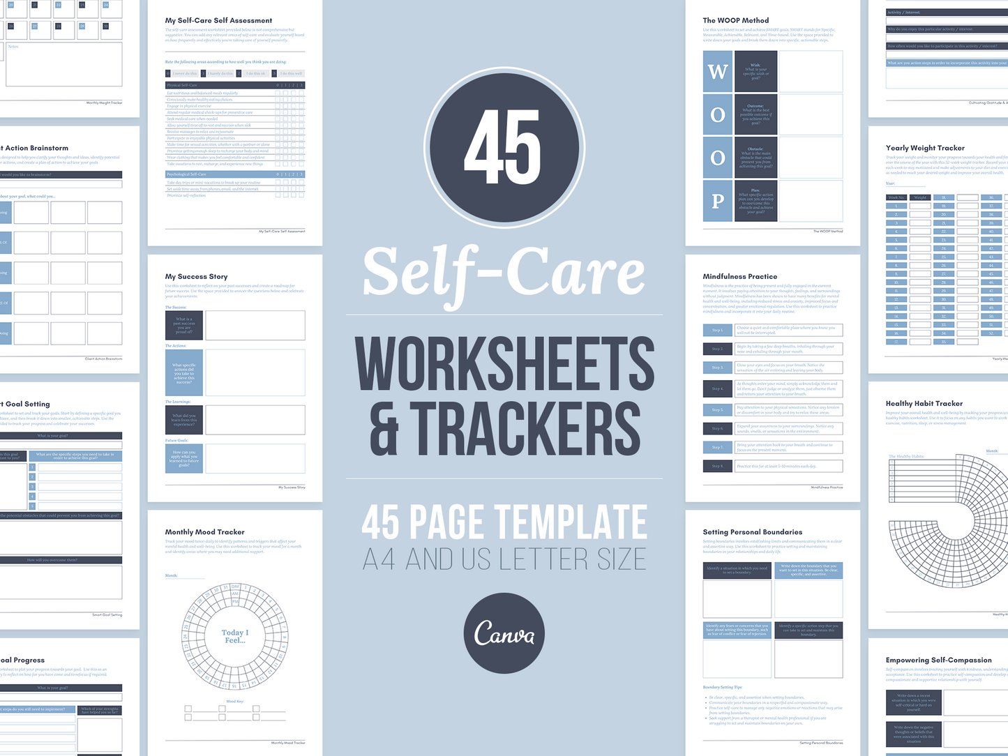 Self-Care Worksheets & Trackers (Denim)