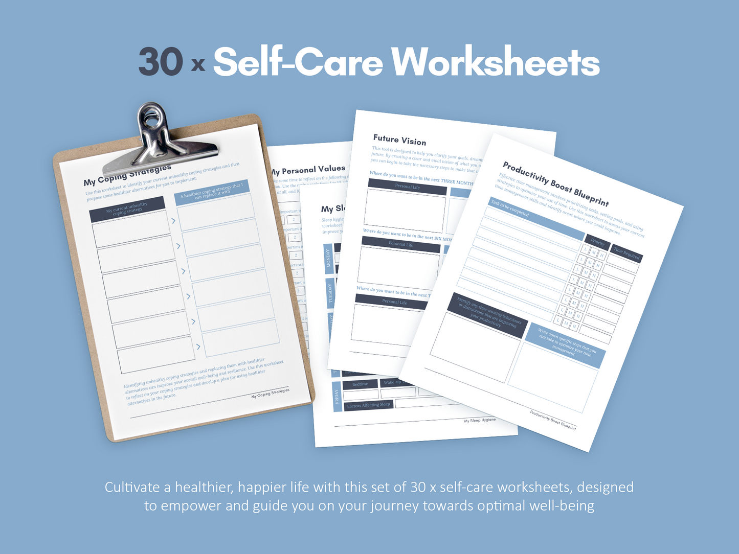 Self-Care Worksheets & Trackers (Denim)