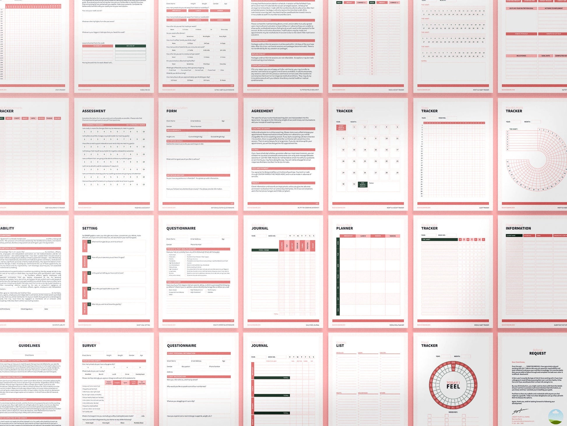 Nutrition Coach Client Intake Forms and Nutrition Trackers (Blush)