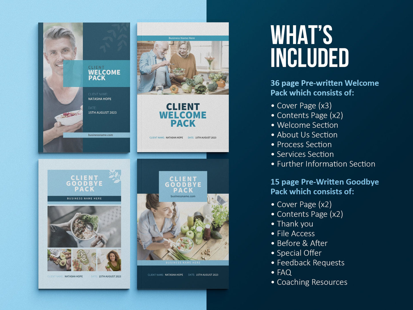 Nutrition Client Welcome Pack and Client Goodbye Pack Templates (Sky)