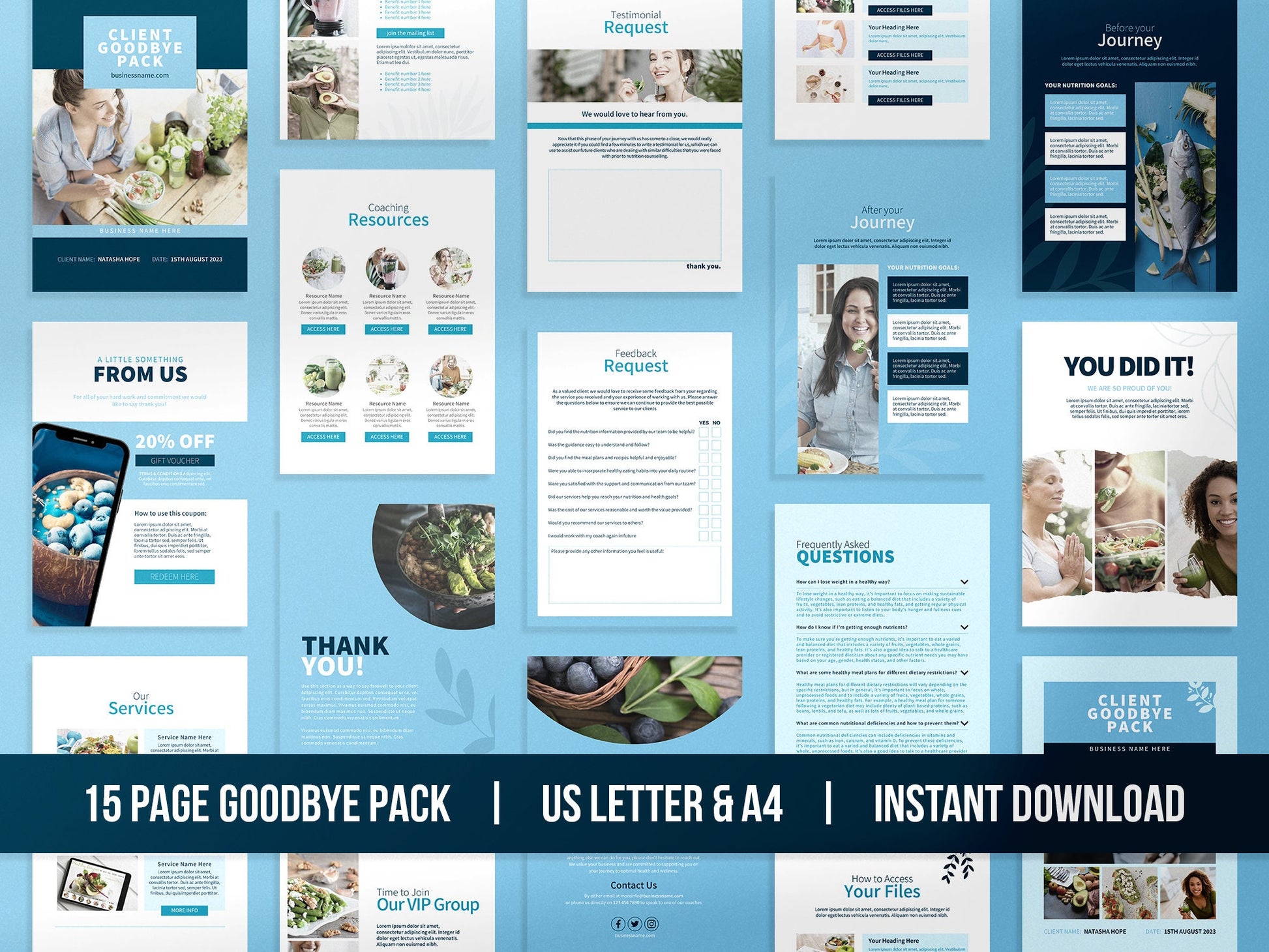 Nutrition Client Welcome Pack and Client Goodbye Pack Templates (Sky)