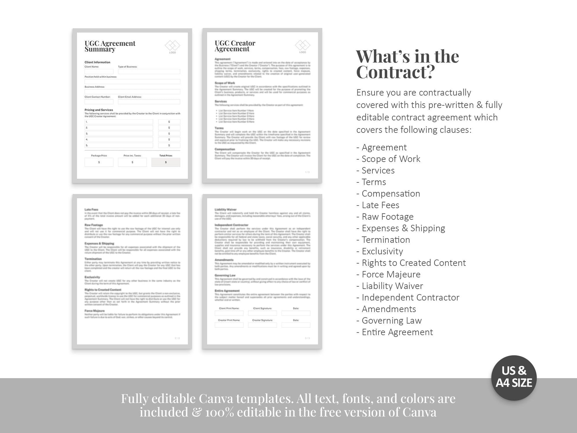 UGC Creator Contract Agreement Template, User Generated Content Template, Influencer Contract, UGC Invoice Template, Canva Template