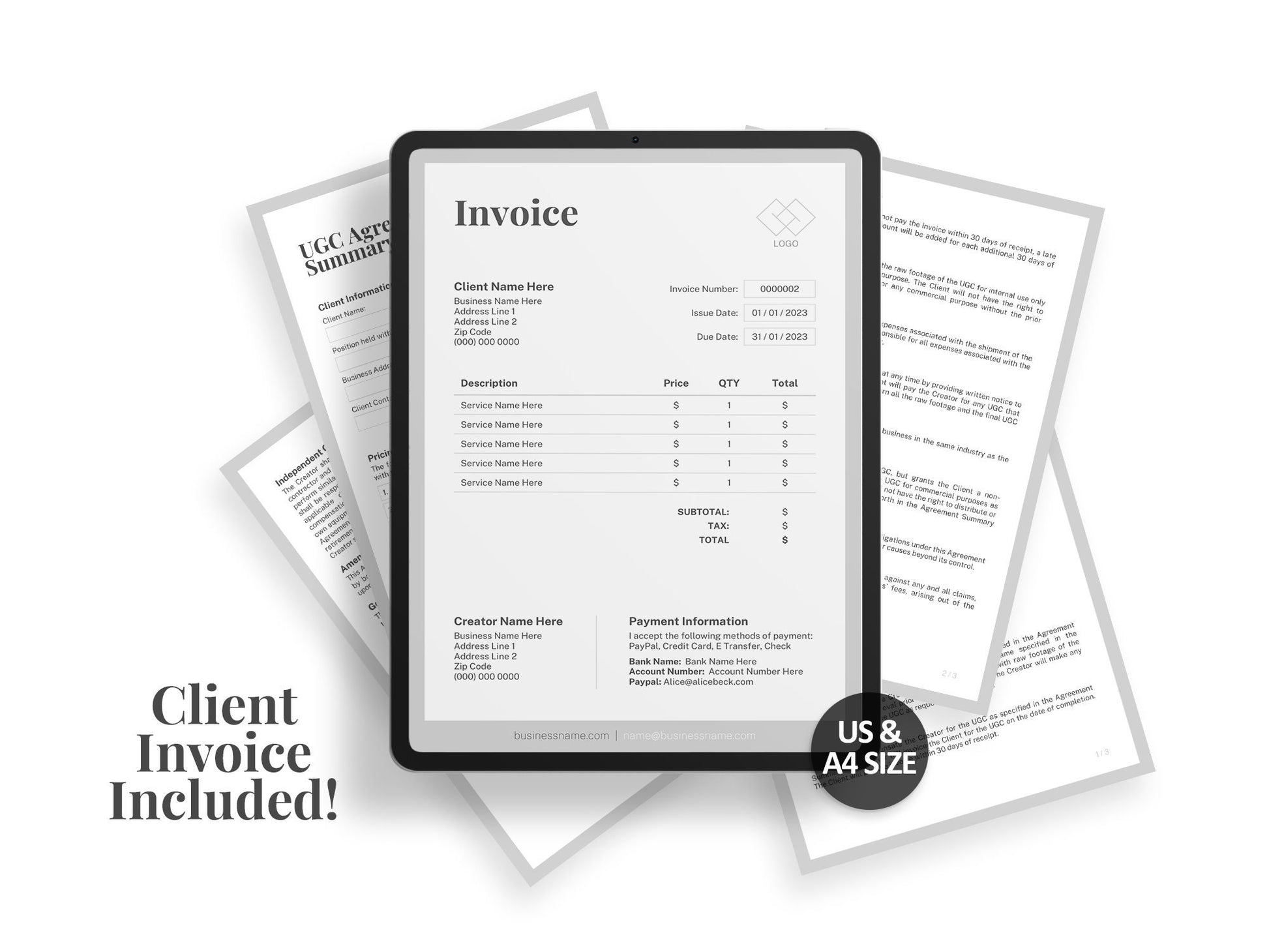UGC Creator Contract Agreement Template, User Generated Content Template, Influencer Contract, UGC Invoice Template, Canva Template